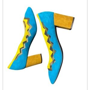 Cole Haan Suede Block Heel Pumps Blue Yellow Zig Zag Mesh Detail Size 10B